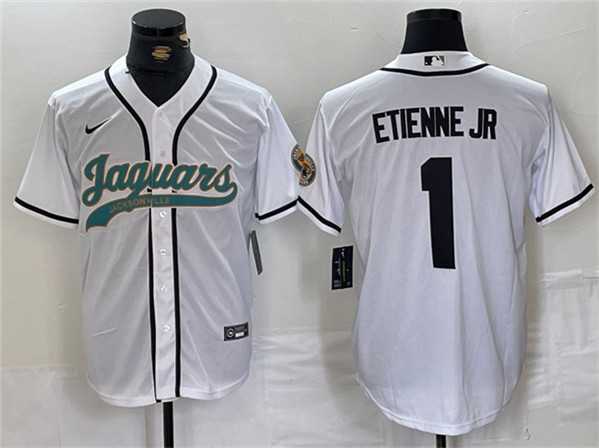 Men%27s Jacksonville Jaguars #1 Travis Etienne Jr. White With Patch Cool Base Baseball Stitched Jersey->green bay packers->NFL Jersey
